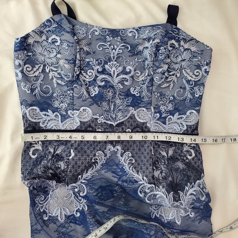 NWT Marchesa Notte 3D Embroidered Grosgrain Midi Cocktail Dress Blue Sz 8 - Picture 15 of 16